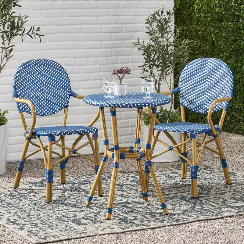 GDFStudio Catalina Ensemble bistro français moderne d'extérieur 3 pièces en aluminium au design imitation rotin et table ronde