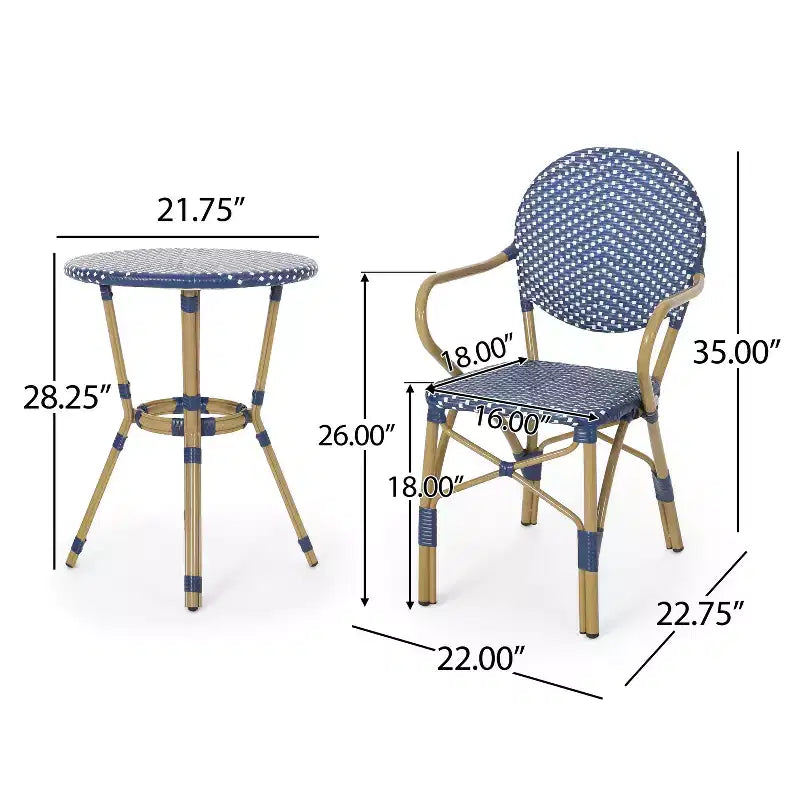 GDFStudio Catalina Ensemble bistro français moderne d'extérieur 3 pièces en aluminium au design imitation rotin et table ronde