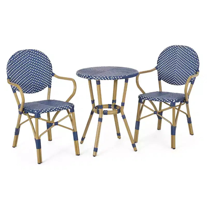 GDFStudio Catalina Ensemble bistro français moderne d'extérieur 3 pièces en aluminium au design imitation rotin et table ronde