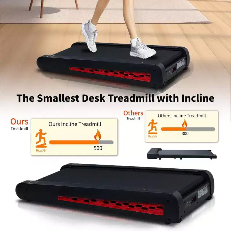 Tapis de course compact à 7 inclinaisons, tapis de marche sous le bureau avec moteur de 2,55 CV, capacité de 100 kg, écran LED, support vertical, gain de place pour un usage à domicile ou au bureau