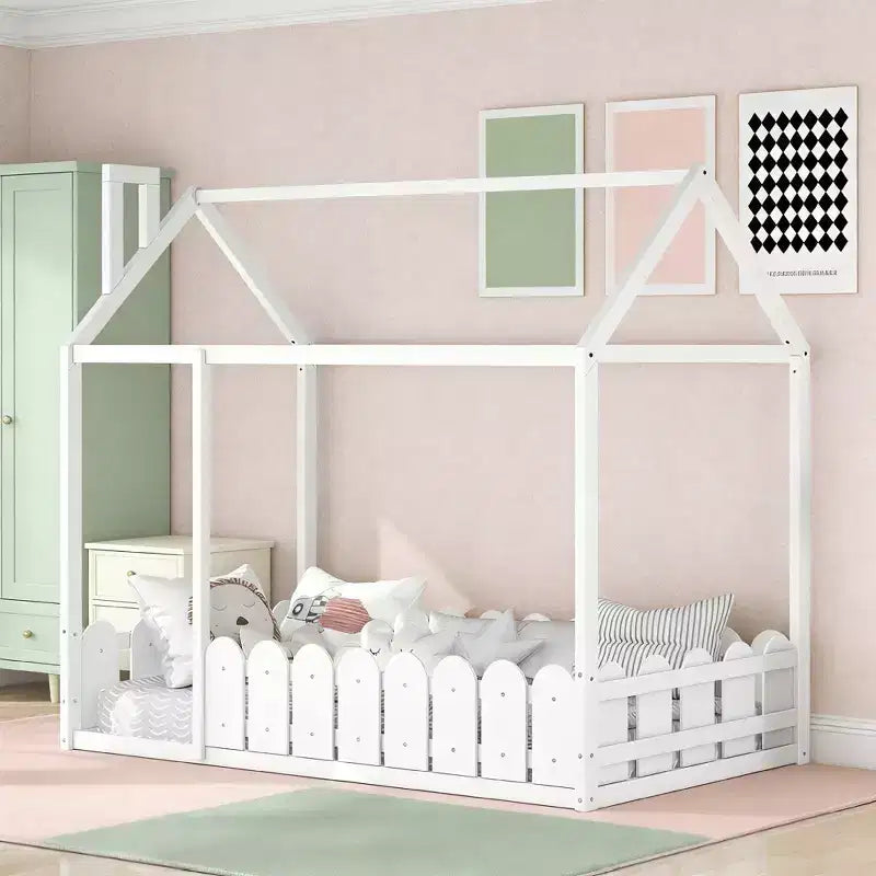 Lit en bois Luxystar avec clôture pour enfants et adolescents, Blanc