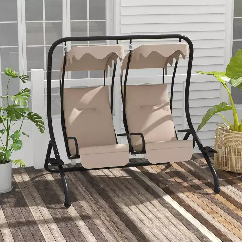 Balançoire de patio 2 places avec auvent amovible, porte-gobelets et sièges séparés Beige