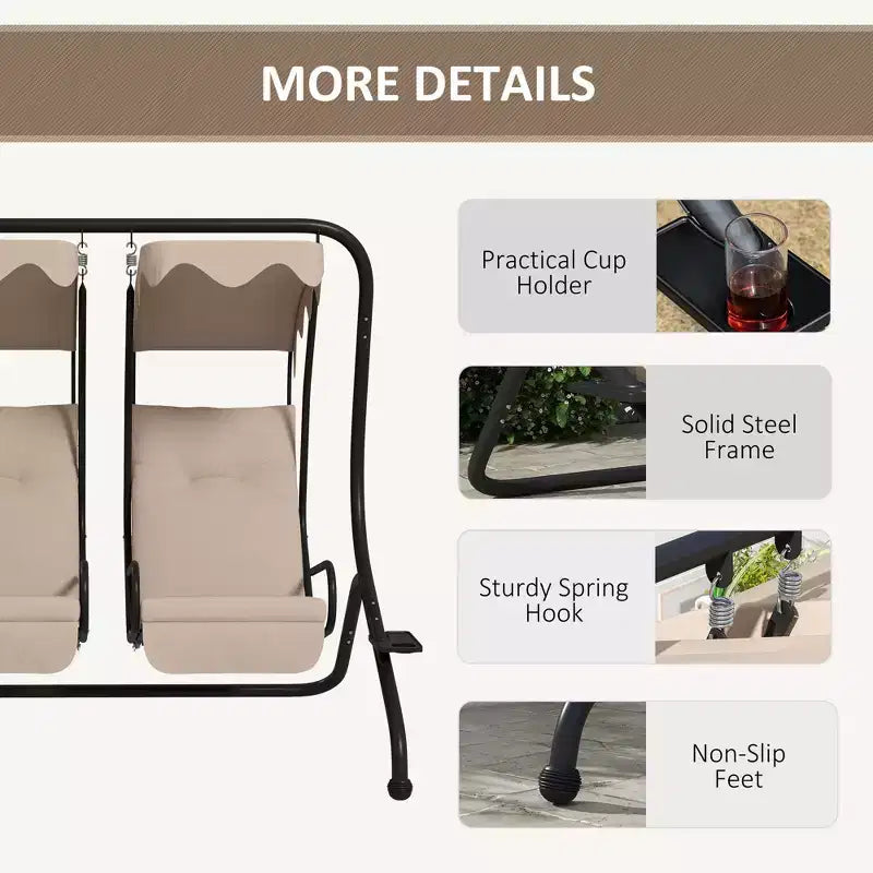Balançoire de patio 2 places avec auvent amovible, porte-gobelets et sièges séparés Beige