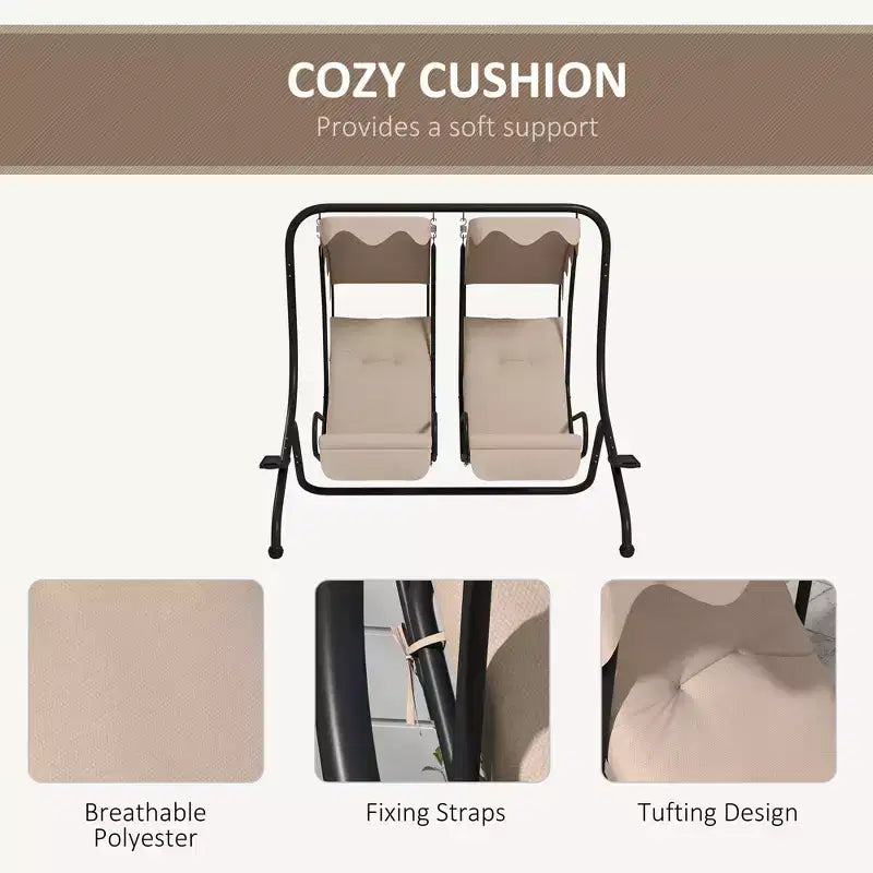 Balançoire de patio 2 places avec auvent amovible, porte-gobelets et sièges séparés Beige