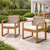 ModernLuxe Ensemble de 2 chaises de salle à manger d'extérieur, fauteuils à cadre en bois d'acacia, chaise d'appoint de patio avec dossier en corde et coussins beige hydrofuges, teck clair