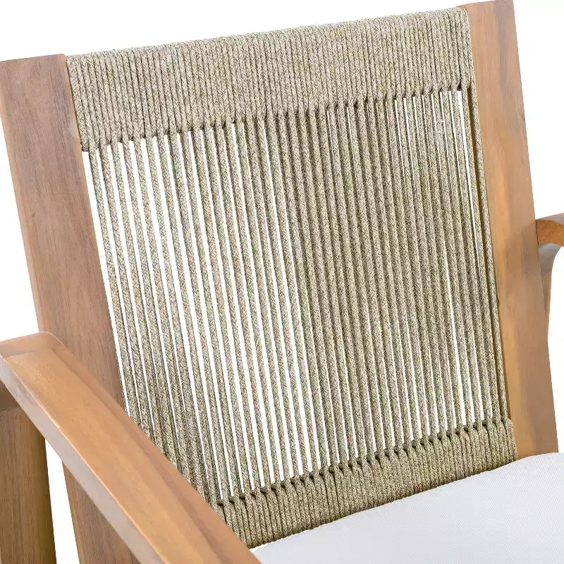 ModernLuxe Ensemble de 2 chaises de salle à manger d'extérieur, fauteuils à cadre en bois d'acacia, chaise d'appoint de patio avec dossier en corde et coussins beige hydrofuges, teck clair