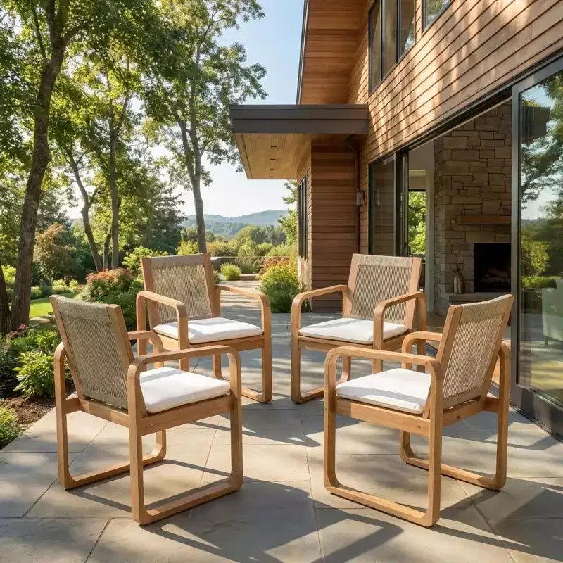 ModernLuxe Ensemble de 2 chaises de salle à manger d'extérieur, fauteuils à cadre en bois d'acacia, chaise d'appoint de patio avec dossier en corde et coussins beige hydrofuges, teck clair