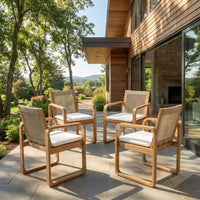 ModernLuxe Ensemble de 2 chaises de salle à manger d'extérieur, fauteuils à cadre en bois d'acacia, chaise d'appoint de patio avec dossier en corde et coussins beige hydrofuges, teck clair