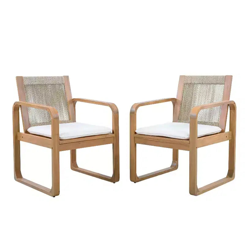 ModernLuxe Ensemble de 2 chaises de salle à manger d'extérieur, fauteuils à cadre en bois d'acacia, chaise d'appoint de patio avec dossier en corde et coussins beige hydrofuges, teck clair