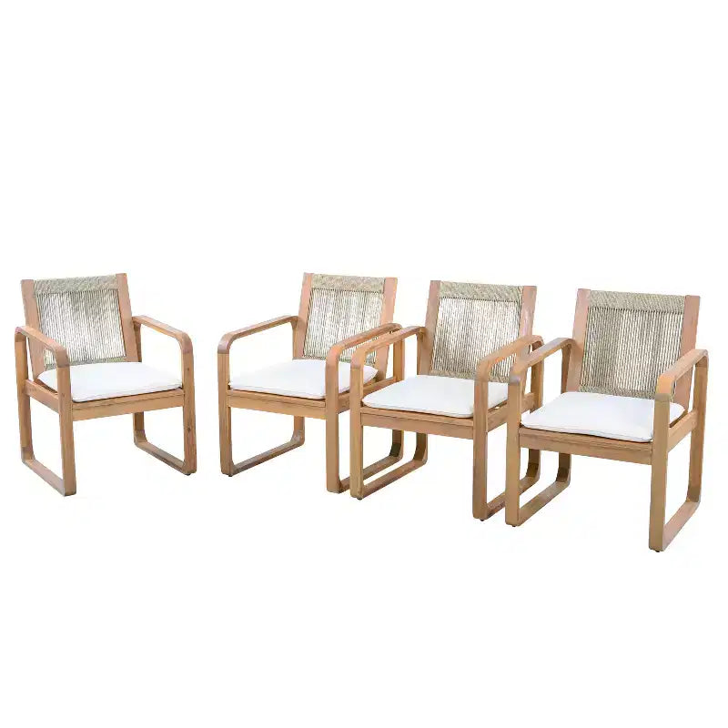 ModernLuxe Ensemble de 2 chaises de salle à manger d'extérieur, fauteuils à cadre en bois d'acacia, chaise d'appoint de patio avec dossier en corde et coussins beige hydrofuges, teck clair