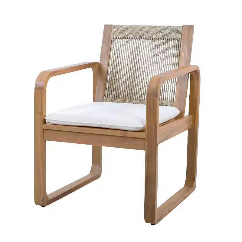 ModernLuxe Ensemble de 2 chaises de salle à manger d'extérieur, fauteuils à cadre en bois d'acacia, chaise d'appoint de patio avec dossier en corde et coussins beige hydrofuges, teck clair