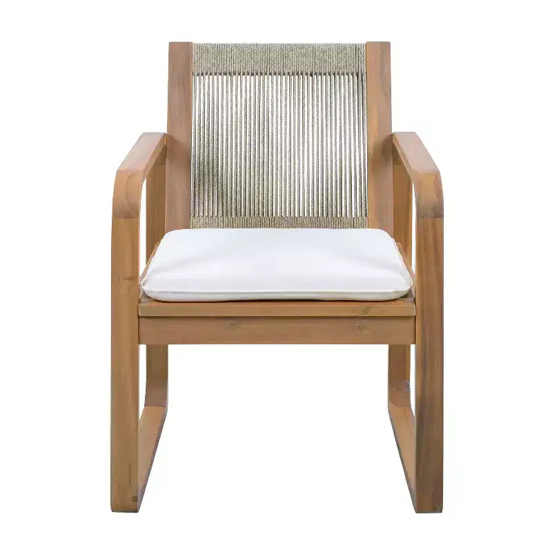 ModernLuxe Ensemble de 2 chaises de salle à manger d'extérieur, fauteuils à cadre en bois d'acacia, chaise d'appoint de patio avec dossier en corde et coussins beige hydrofuges, teck clair