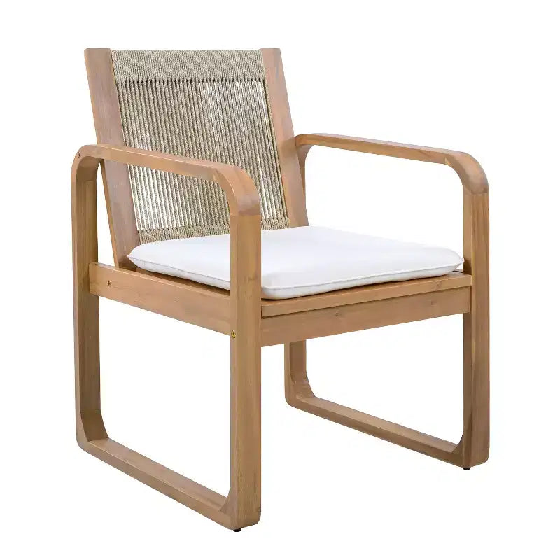 ModernLuxe Ensemble de 2 chaises de salle à manger d'extérieur, fauteuils à cadre en bois d'acacia, chaise d'appoint de patio avec dossier en corde et coussins beige hydrofuges, teck clair