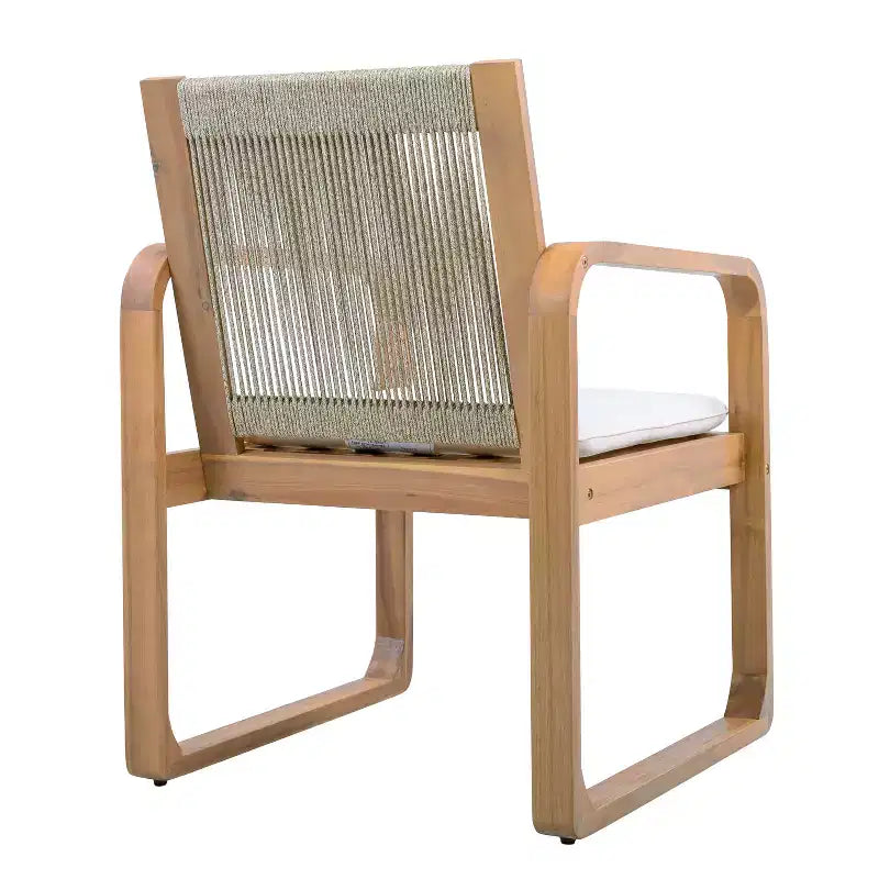 ModernLuxe Ensemble de 2 chaises de salle à manger d'extérieur, fauteuils à cadre en bois d'acacia, chaise d'appoint de patio avec dossier en corde et coussins beige hydrofuges, teck clair