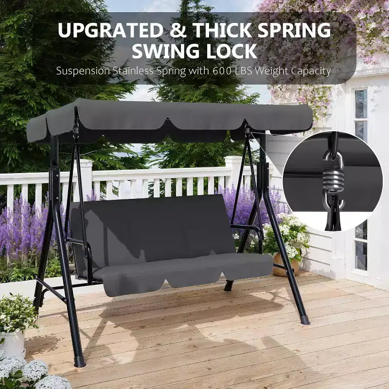 Balançoire de porche extérieure avec auvent réglable, balançoire de patio 3 places avec support, cadre en métal robuste pour jardin, cour et piscine, kaki.