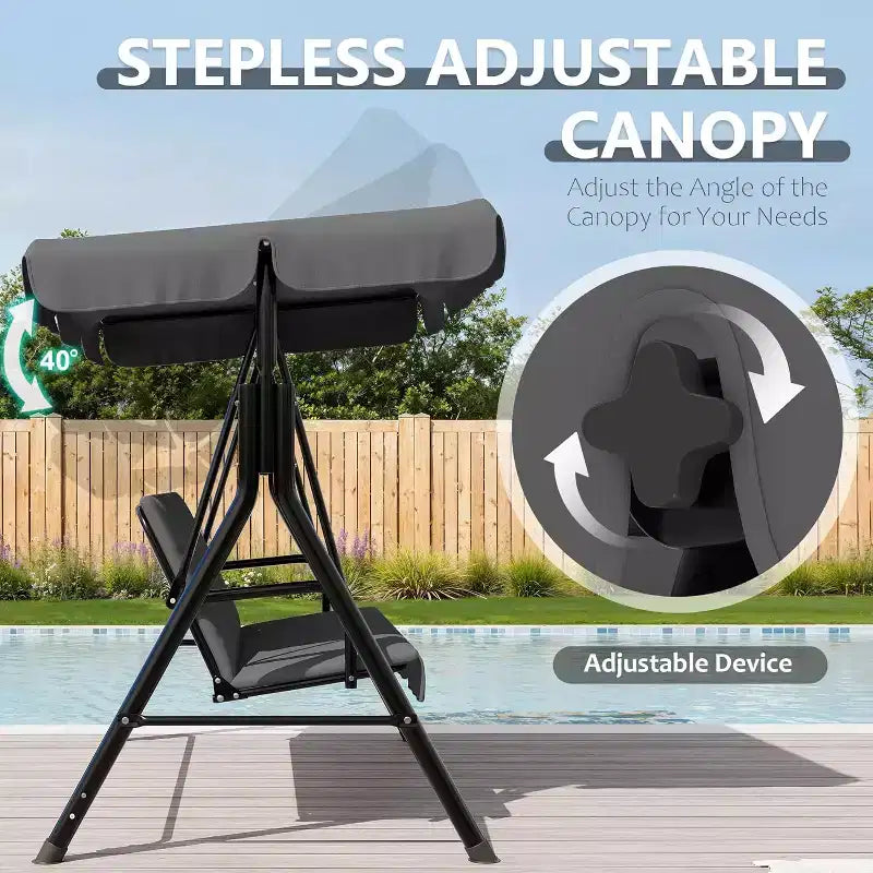 Balançoire de porche extérieure avec auvent réglable, balançoire de patio 3 places avec support, cadre en métal robuste pour jardin, cour et piscine, kaki.