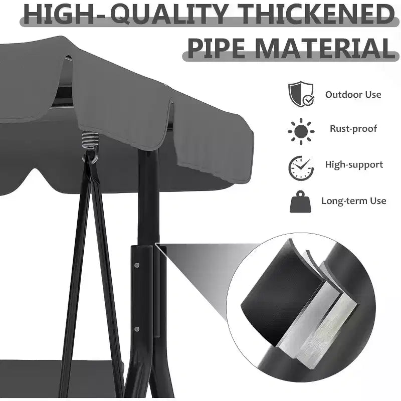 Balançoire de porche extérieure avec auvent réglable, balançoire de patio 3 places avec support, cadre en métal robuste pour jardin, cour et piscine, kaki.