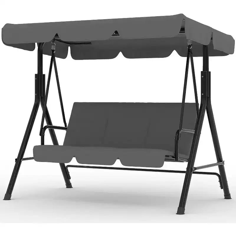 Balançoire de porche extérieure avec auvent réglable, balançoire de patio 3 places avec support, cadre en métal robuste pour jardin, cour et piscine, kaki.