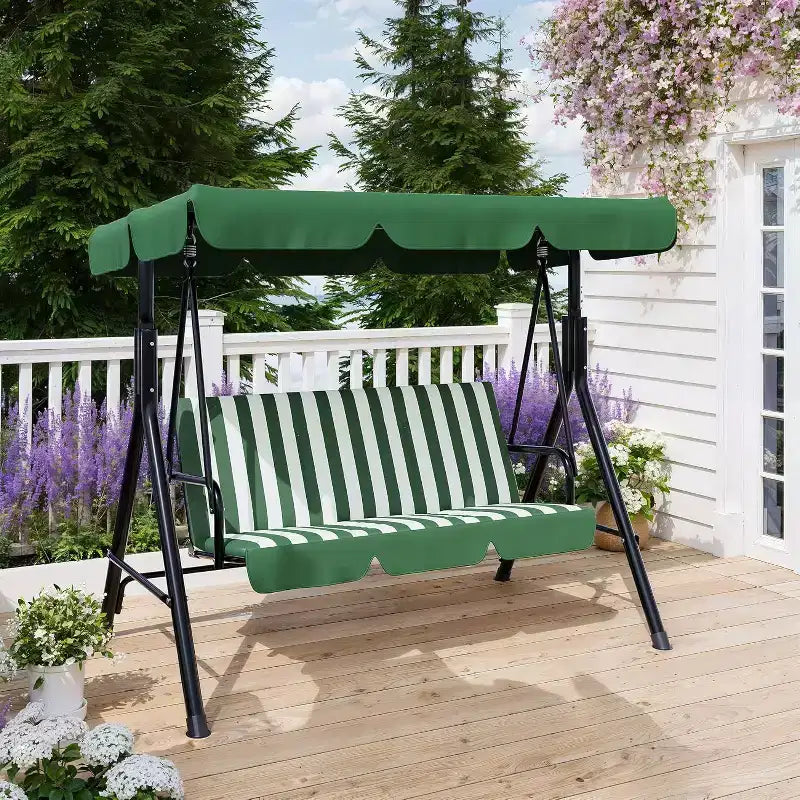 Balançoire de porche extérieure avec auvent réglable, balançoire de patio 3 places avec support, cadre en métal robuste pour jardin, cour et piscine, kaki.
