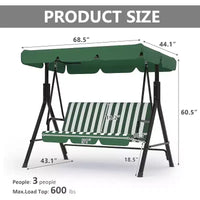 Balançoire de porche extérieure avec auvent réglable, balançoire de patio 3 places avec support, cadre en métal robuste pour jardin, cour et piscine, kaki.