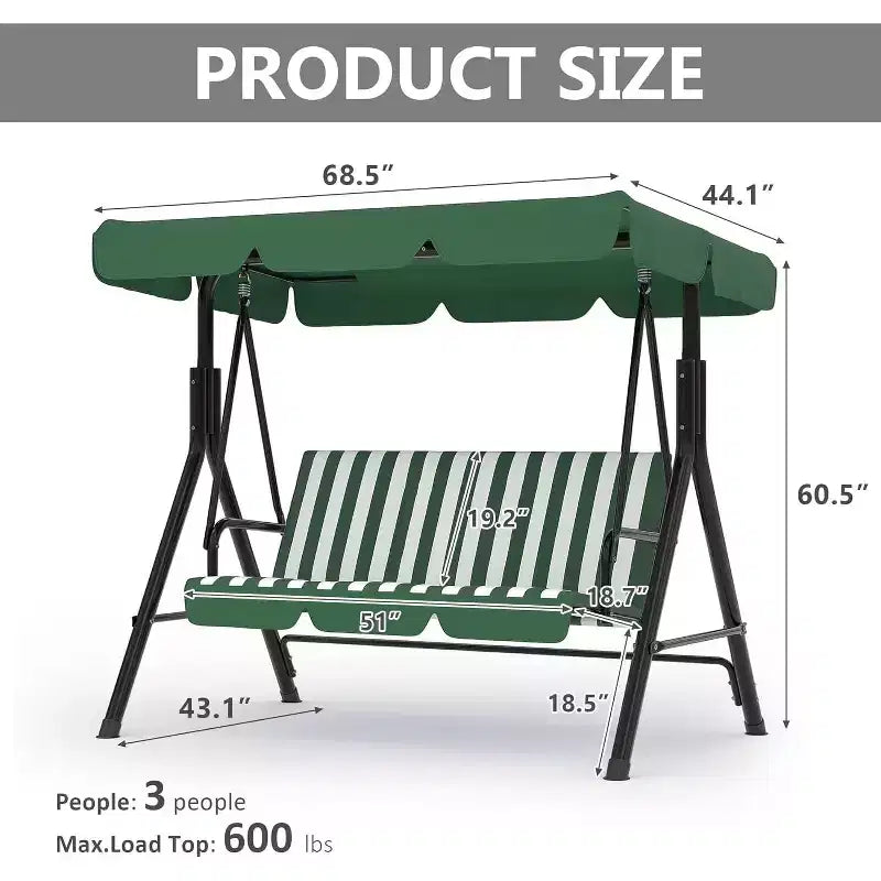 Balançoire de porche extérieure avec auvent réglable, balançoire de patio 3 places avec support, cadre en métal robuste pour jardin, cour et piscine, kaki.