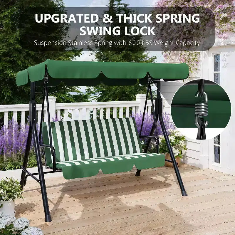 Balançoire de porche extérieure avec auvent réglable, balançoire de patio 3 places avec support, cadre en métal robuste pour jardin, cour et piscine, kaki.