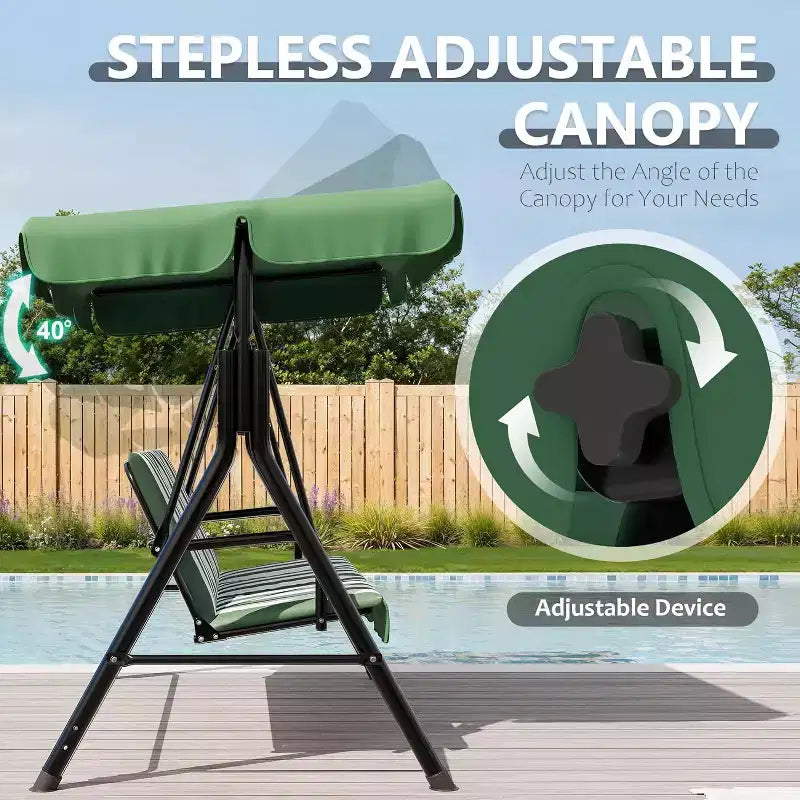 Balançoire de porche extérieure avec auvent réglable, balançoire de patio 3 places avec support, cadre en métal robuste pour jardin, cour et piscine, kaki.