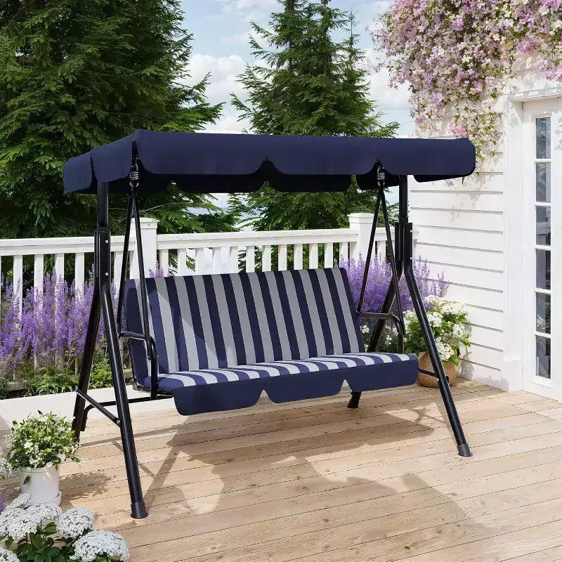 Balançoire de porche extérieure avec auvent réglable, balançoire de patio 3 places avec support, cadre en métal robuste pour jardin, cour et piscine, kaki.