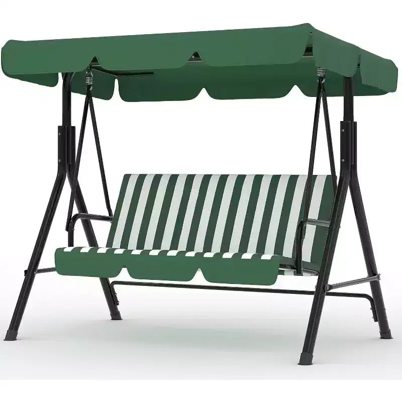 Balançoire de porche extérieure avec auvent réglable, balançoire de patio 3 places avec support, cadre en métal robuste pour jardin, cour et piscine, kaki.