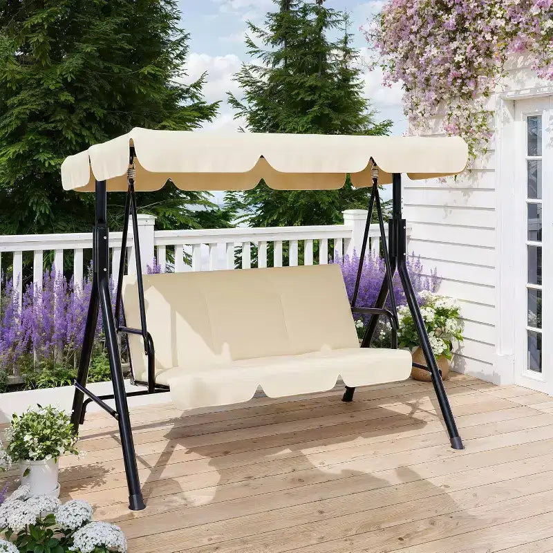 Balançoire de porche extérieure avec auvent réglable, balançoire de patio 3 places avec support, cadre en métal robuste pour jardin, cour et piscine, kaki.