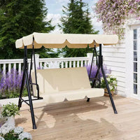 Balançoire de porche extérieure avec auvent réglable, balançoire de patio 3 places avec support, cadre en métal robuste pour jardin, cour et piscine, kaki.