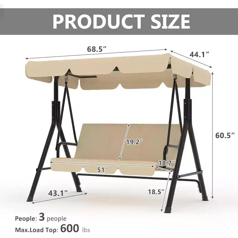 Balançoire de porche extérieure avec auvent réglable, balançoire de patio 3 places avec support, cadre en métal robuste pour jardin, cour et piscine, kaki.