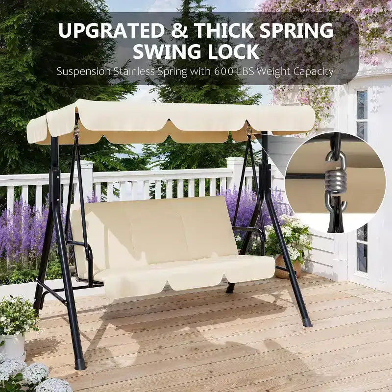 Balançoire de porche extérieure avec auvent réglable, balançoire de patio 3 places avec support, cadre en métal robuste pour jardin, cour et piscine, kaki.