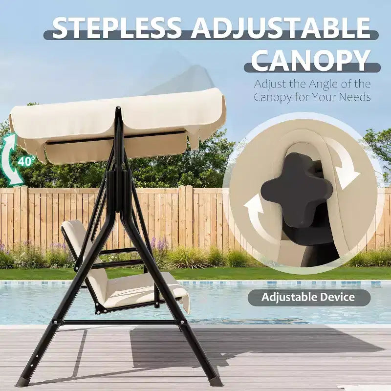 Balançoire de porche extérieure avec auvent réglable, balançoire de patio 3 places avec support, cadre en métal robuste pour jardin, cour et piscine, kaki.