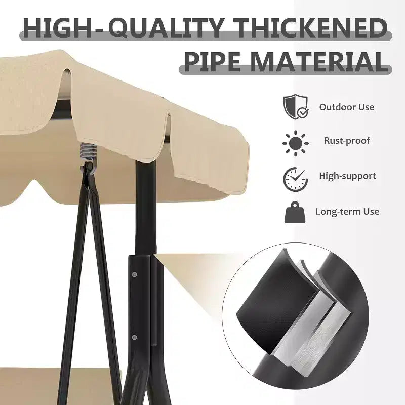 Balançoire de porche extérieure avec auvent réglable, balançoire de patio 3 places avec support, cadre en métal robuste pour jardin, cour et piscine, kaki.