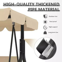 Balançoire de porche extérieure avec auvent réglable, balançoire de patio 3 places avec support, cadre en métal robuste pour jardin, cour et piscine, kaki.