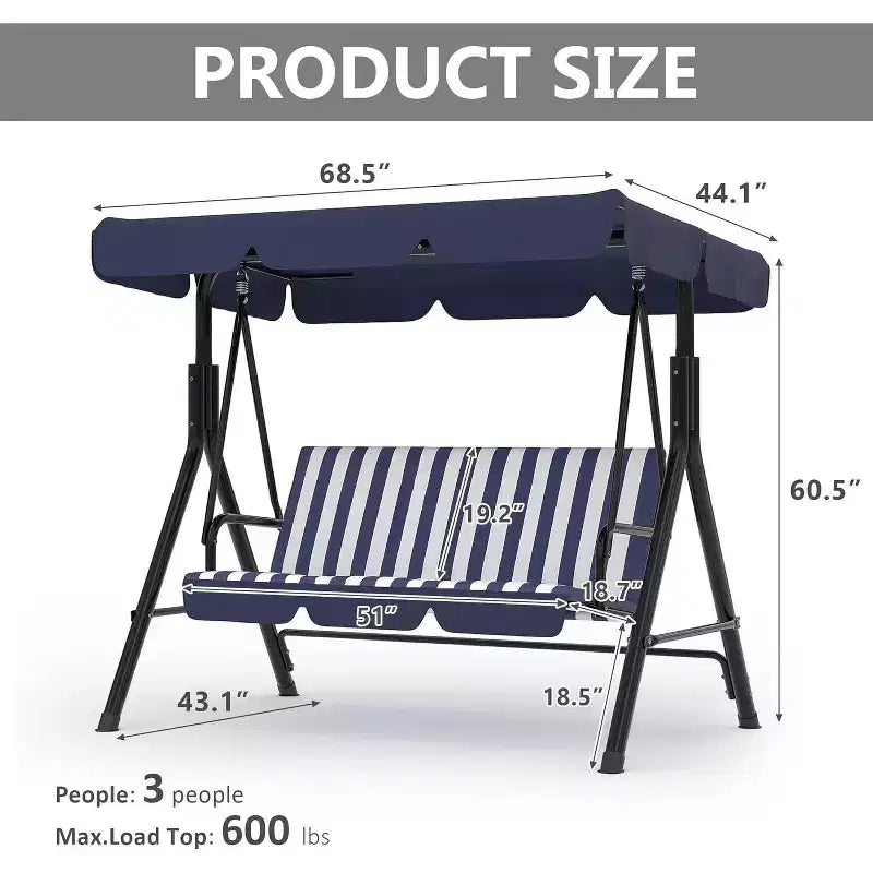 Balançoire de porche extérieure avec auvent réglable, balançoire de patio 3 places avec support, cadre en métal robuste pour jardin, cour et piscine, kaki.