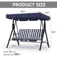 Balançoire de porche extérieure avec auvent réglable, balançoire de patio 3 places avec support, cadre en métal robuste pour jardin, cour et piscine, kaki.