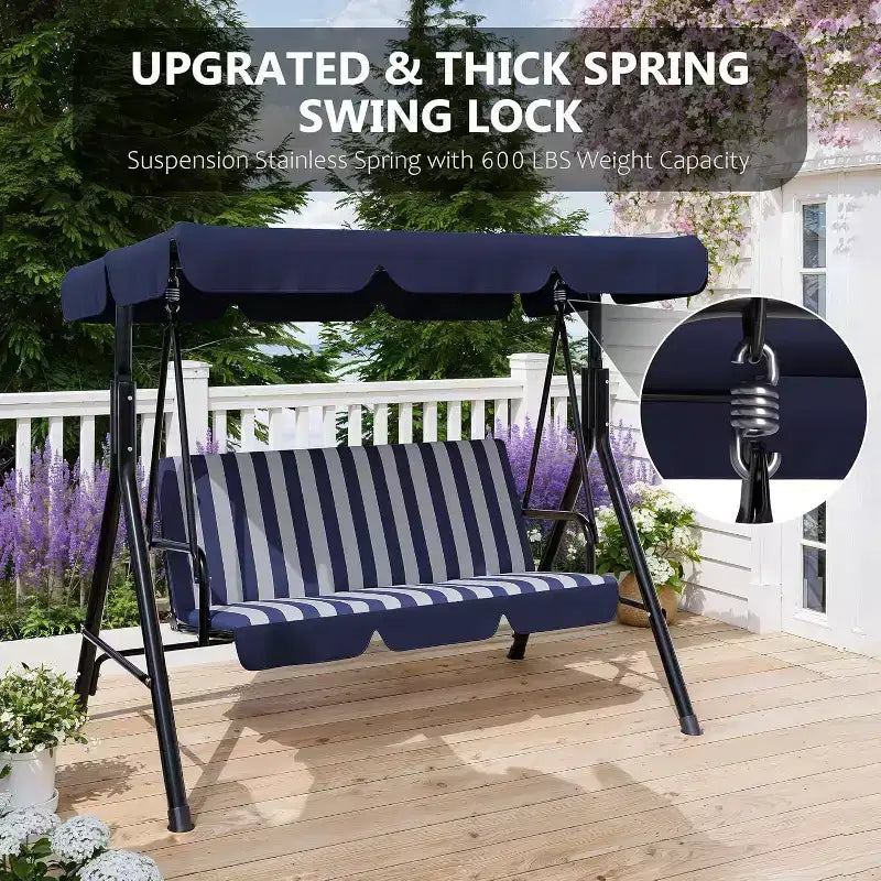 Balançoire de porche extérieure avec auvent réglable, balançoire de patio 3 places avec support, cadre en métal robuste pour jardin, cour et piscine, kaki.