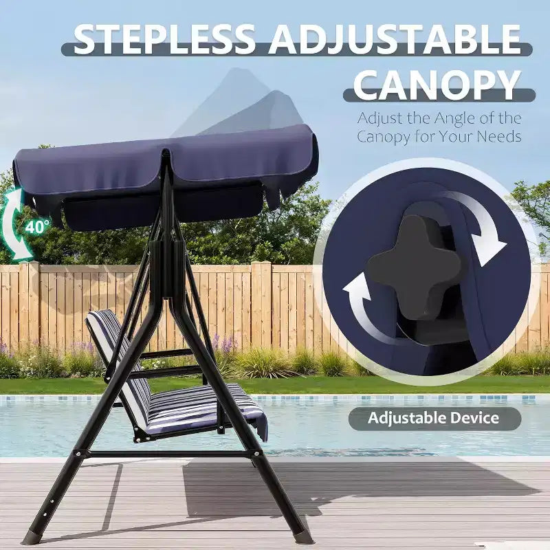 Balançoire de porche extérieure avec auvent réglable, balançoire de patio 3 places avec support, cadre en métal robuste pour jardin, cour et piscine, kaki.