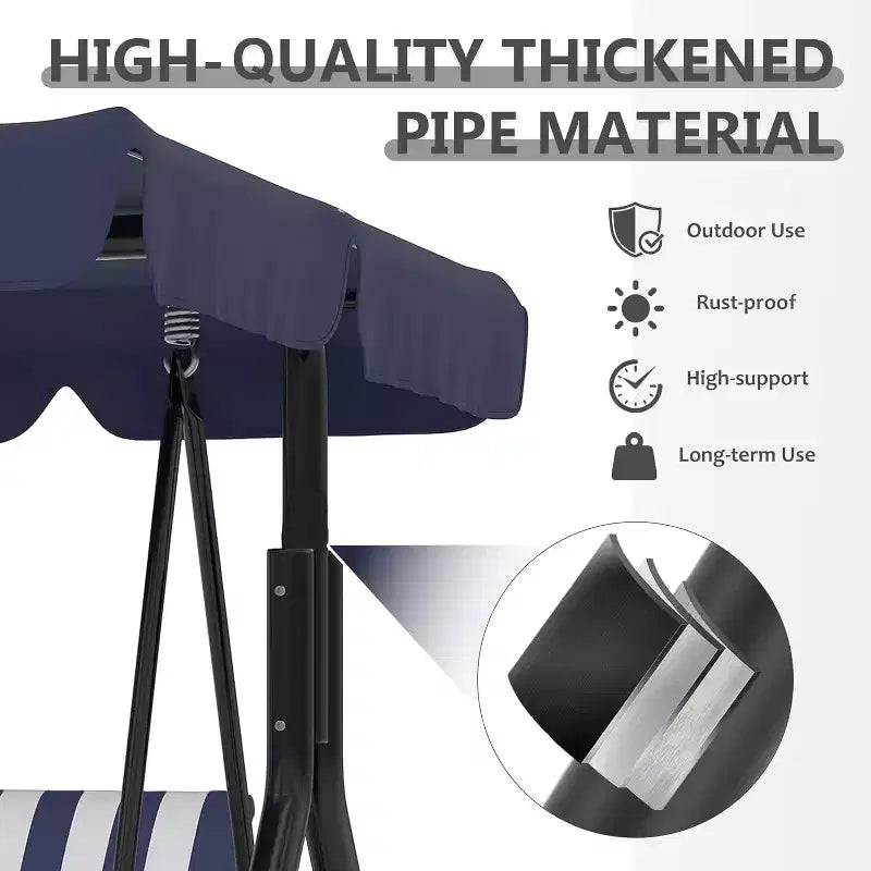 Balançoire de porche extérieure avec auvent réglable, balançoire de patio 3 places avec support, cadre en métal robuste pour jardin, cour et piscine, kaki.