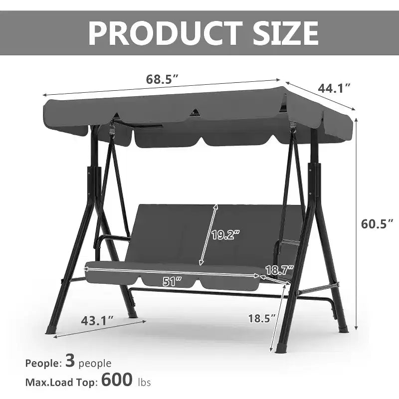 Balançoire de porche extérieure avec auvent réglable, balançoire de patio 3 places avec support, cadre en métal robuste pour jardin, cour et piscine, kaki.