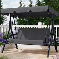 Balançoire de porche extérieure avec auvent réglable, balançoire de patio 3 places avec support, cadre en métal robuste pour jardin, cour et piscine, kaki.