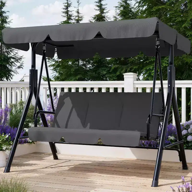 Balançoire de porche extérieure avec auvent réglable, balançoire de patio 3 places avec support, cadre en métal robuste pour jardin, cour et piscine, kaki.