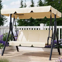 Balançoire de porche extérieure avec auvent réglable, balançoire de patio 3 places avec support, cadre en métal robuste pour jardin, cour et piscine, kaki.