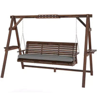 Balançoire de porche 3 places en bois avec support en A, coussin et plateaux latéraux, Marron carbonisé