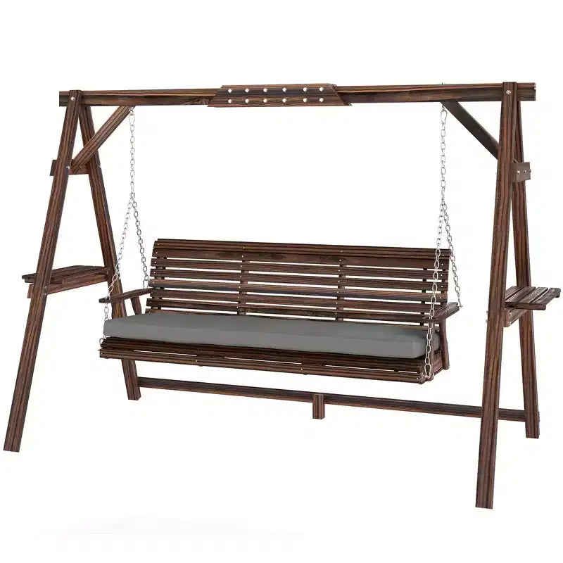 Balançoire de porche 3 places en bois avec support en A, coussin et plateaux latéraux, Marron carbonisé