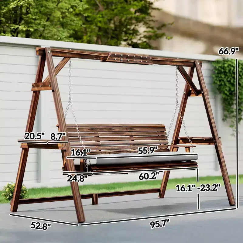 Balançoire de porche 3 places en bois avec support en A, coussin et plateaux latéraux, Marron carbonisé
