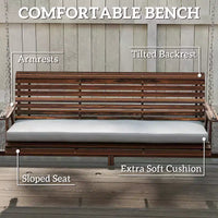Balançoire de porche 3 places en bois avec support en A, coussin et plateaux latéraux, Marron carbonisé