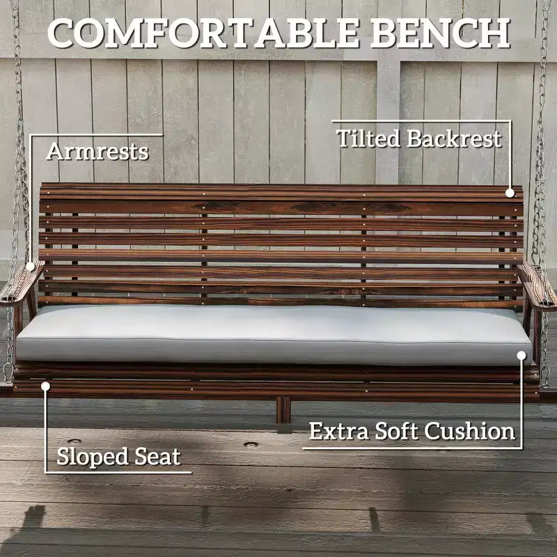 Balançoire de porche 3 places en bois avec support en A, coussin et plateaux latéraux, Marron carbonisé